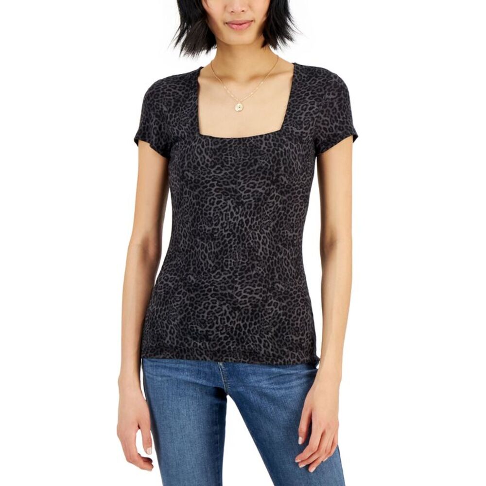 INC International Concepts Womens Leopard Print Ribbed Square Neck T-Shirt